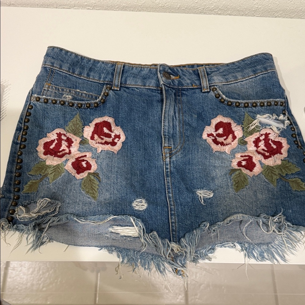 Free People Blue Denim Mini Skirt with Floral Embroidery